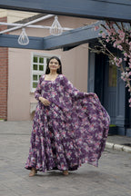 Aayaa Designer Printed Georgette Full Flare Gown With Dupatta - Multi Color | Grocsy