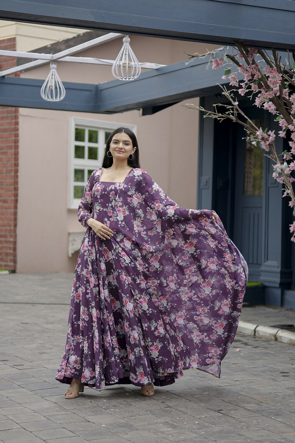 Aayaa Designer Printed Georgette Full Flare Gown With Dupatta - Multi Color | Grocsy