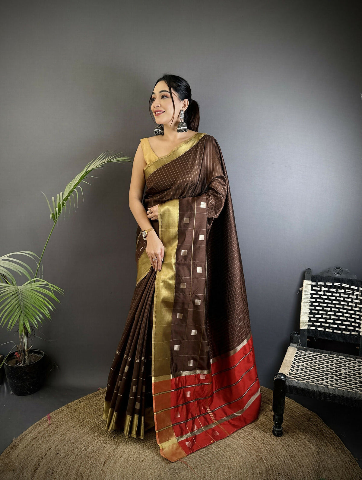 Joban Fashion Chocolate Brown Bhagalpuri Cotton Silk Stripes/Box Saree | Grocsy