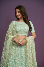 Pista Green Soft Net Thread Sequence Embroidery Work Lehenga Choli - Jihu Culture | Grocsy