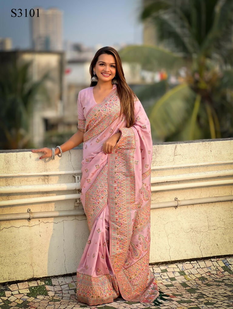 Pink Pashmina Silk Wevon Kashmiri Meenakari Designer Saree with Unstitched Blouse - Vandini | Grocsy