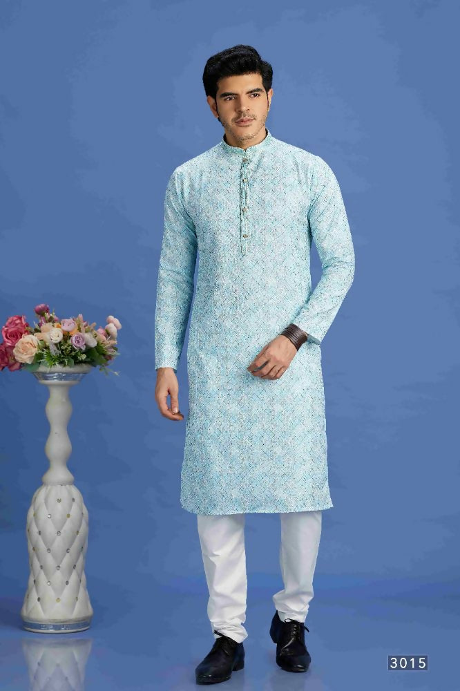 Raivat Ethnic Cotton Embroidery Kurta Pajama In Sky Blue Colour | Grocsy