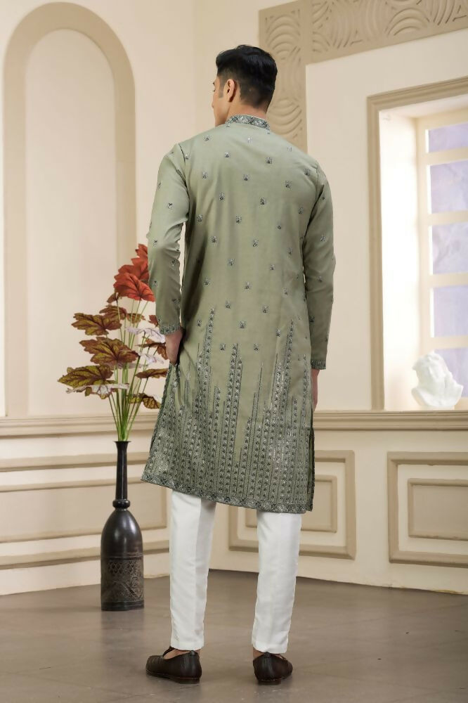Raivat Ethnic Art Silk Thread Work Kurta Pajama In Green Colour | Grocsy