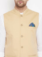 Even Apparels Beige Polyester Men's Nehru Jacket-Contrast Lining-Inbuilt Pocket Square | Grocsy