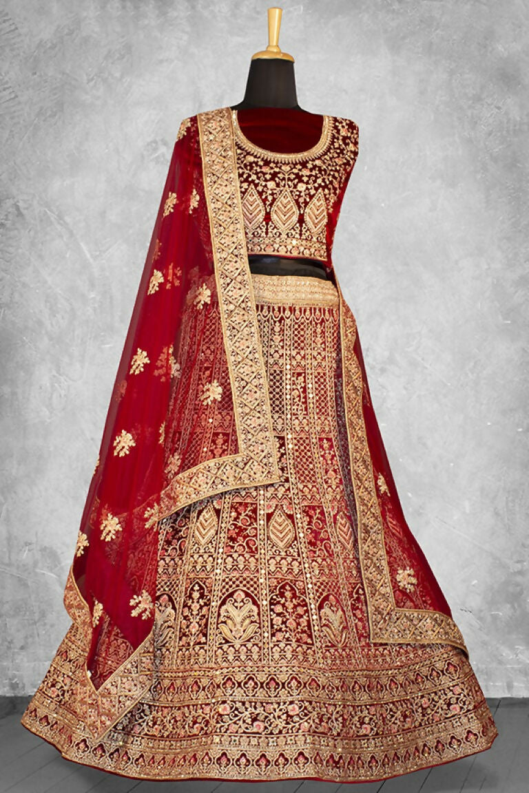Red Velvet Thread with Hand Work Semi Stitched Lehenga Choli with Dupatta - Nimaya Lagnotsav | Grocsy