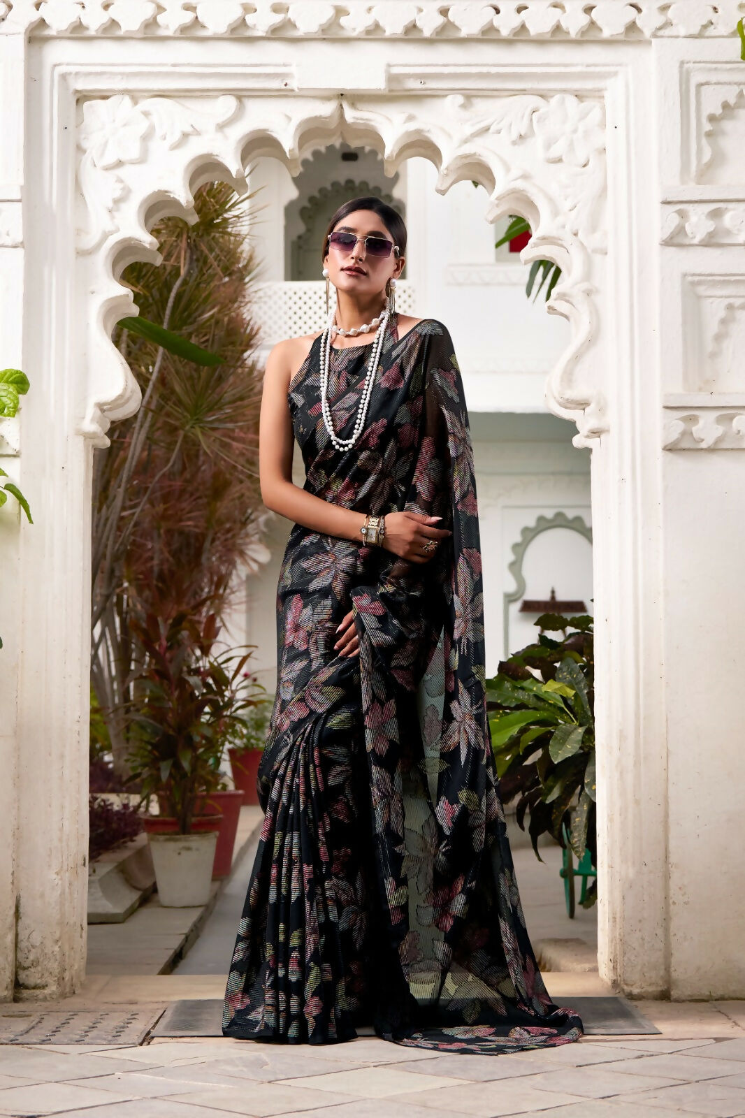 Vastranavya Black Lurex Brasso Floral Printed Saree with Unstitched Blouse | Grocsy