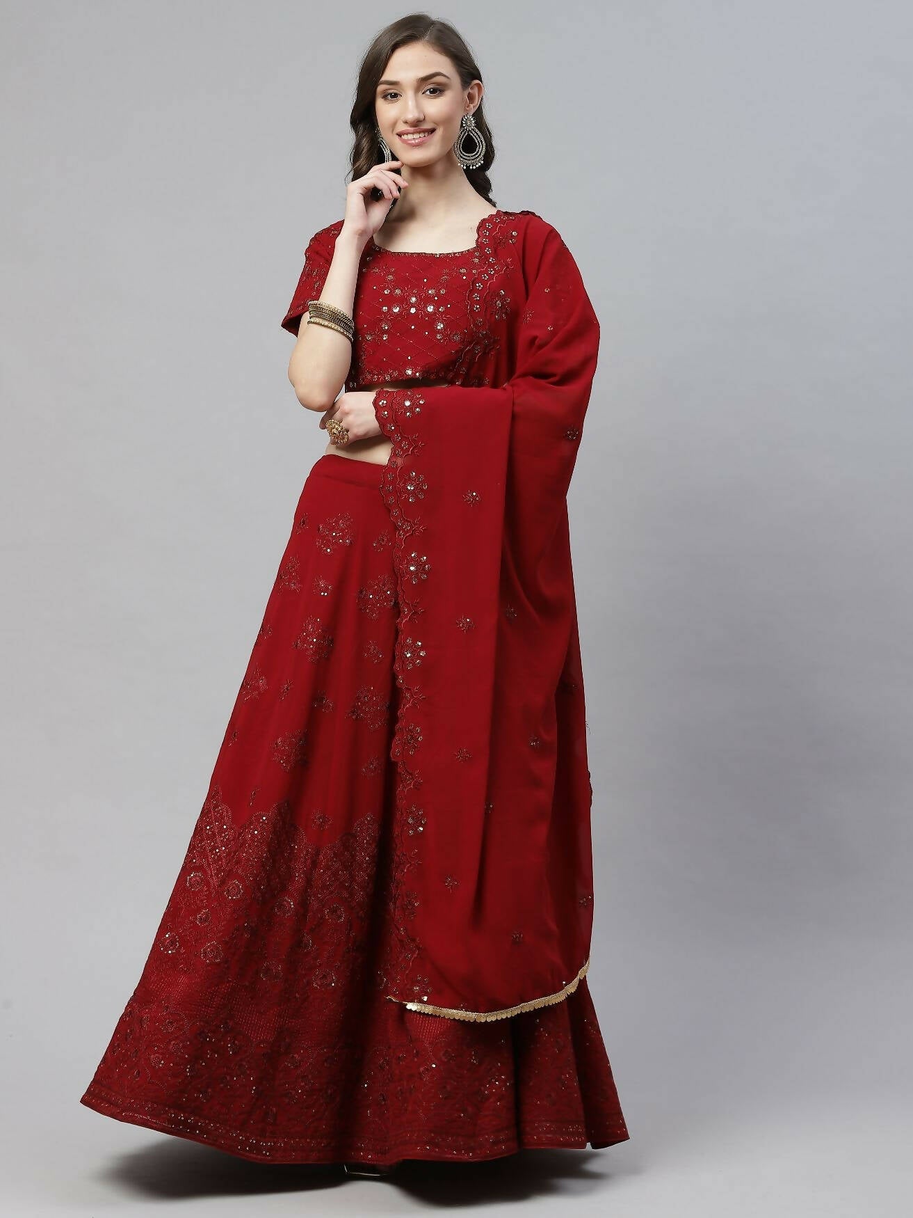 Maroon Georgette Thread with Sequins Embroidered work Lehenga Choli with Dupatta - Jivika | Grocsy