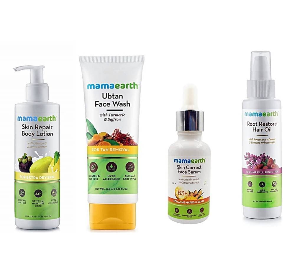 Mamaearth Combo Of (Hair Oil + Face Serum + Body Lotion + Face Wash) | Grocsy