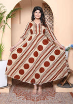 Miravan Womens Brown Printed V-Neck Anarkali Kurta | Grocsy