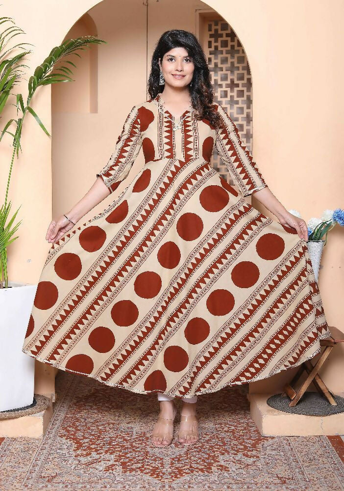 Miravan Womens Brown Printed V-Neck Anarkali Kurta | Grocsy