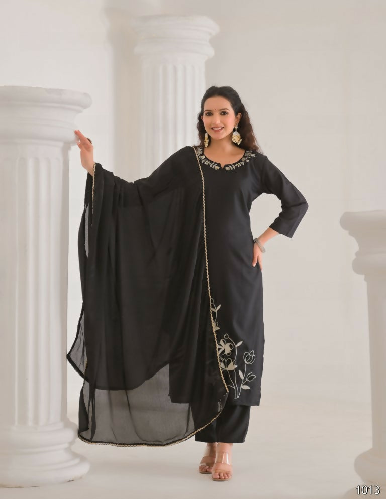 Festive Ethnic Viscose Rayon Black Stitched Suit With Dupatta - Rashmika | Grocsy