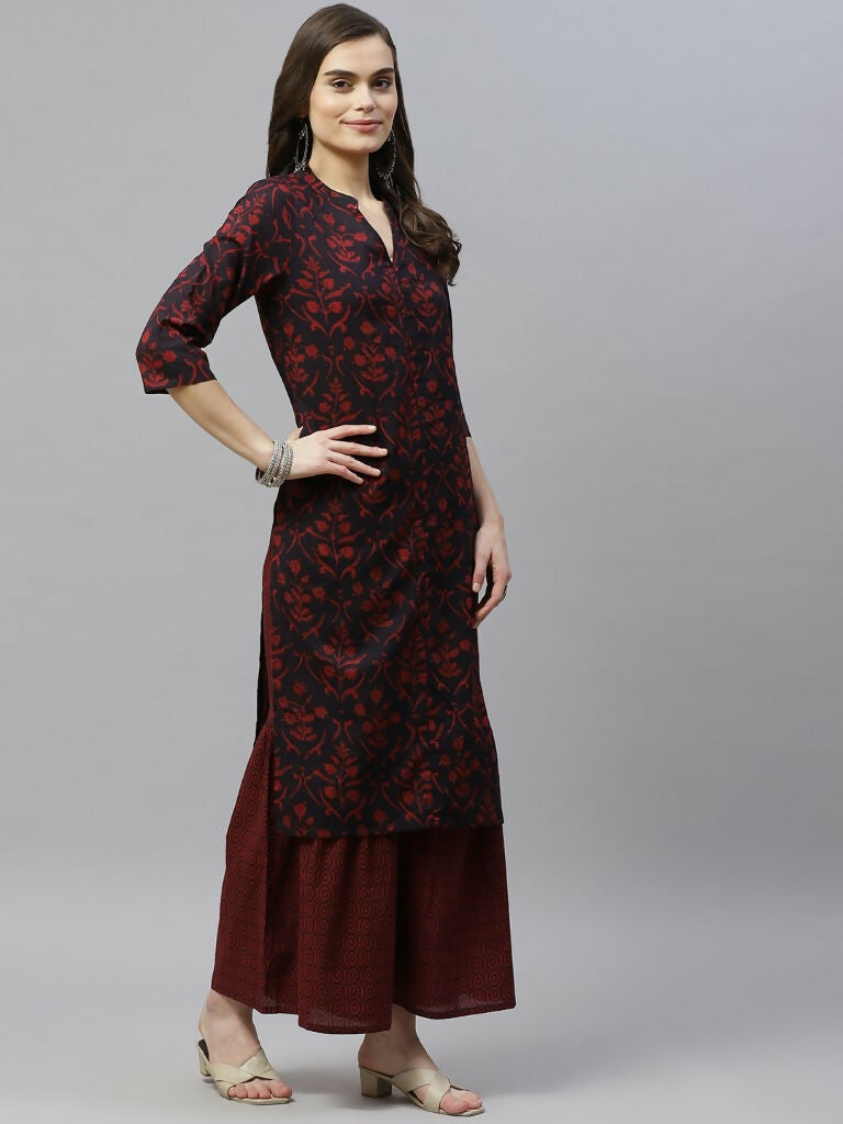 Miravan Women's Cotton Floral Print Straight Kurta Sharara And Dupatta Set | Grocsy
