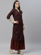 Miravan Women's Cotton Floral Print Straight Kurta Sharara And Dupatta Set | Grocsy