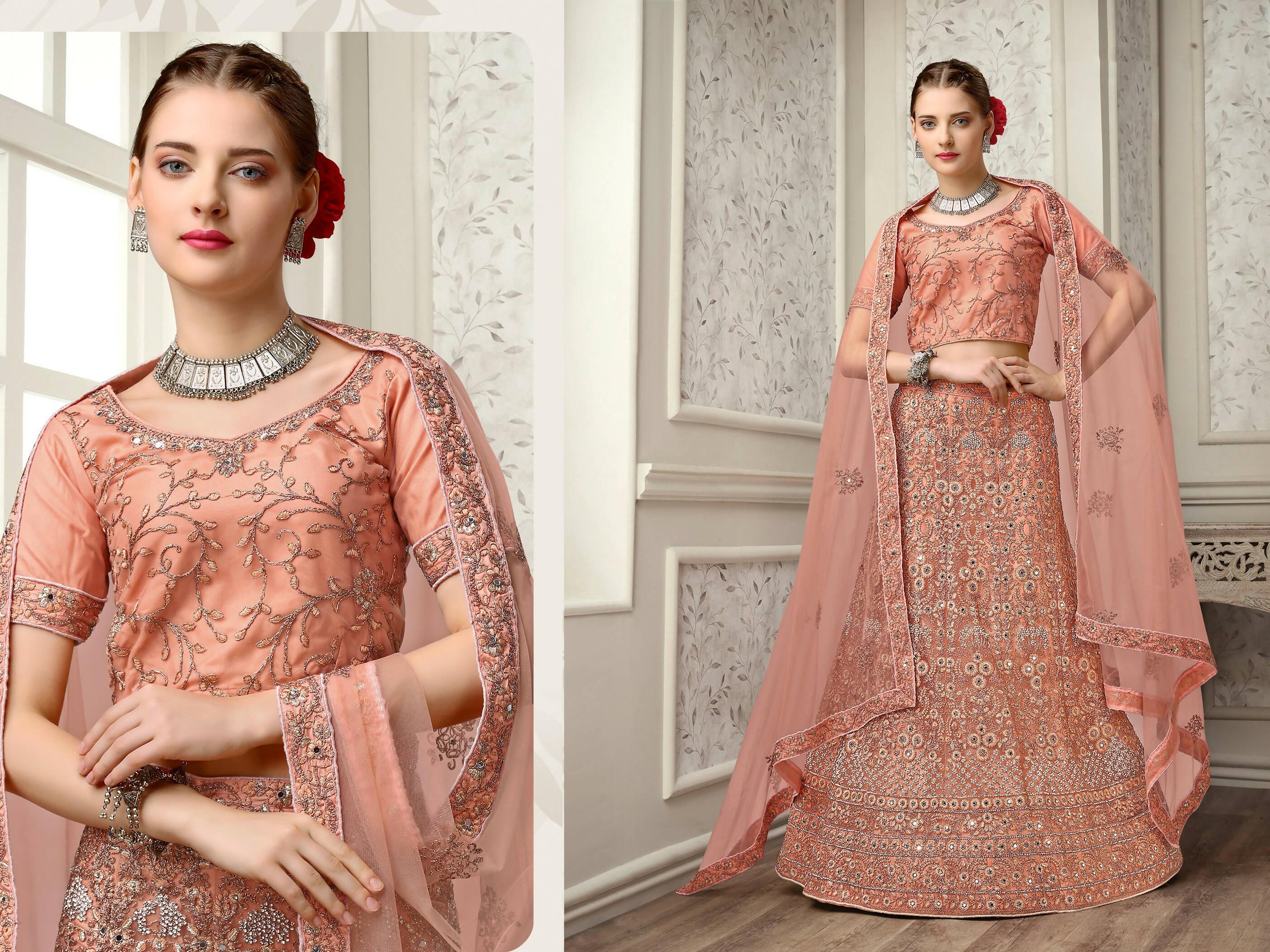 Peach Net Fancy Zari Embroidered work Lehenga Choli with Dupatta - Heer | Grocsy