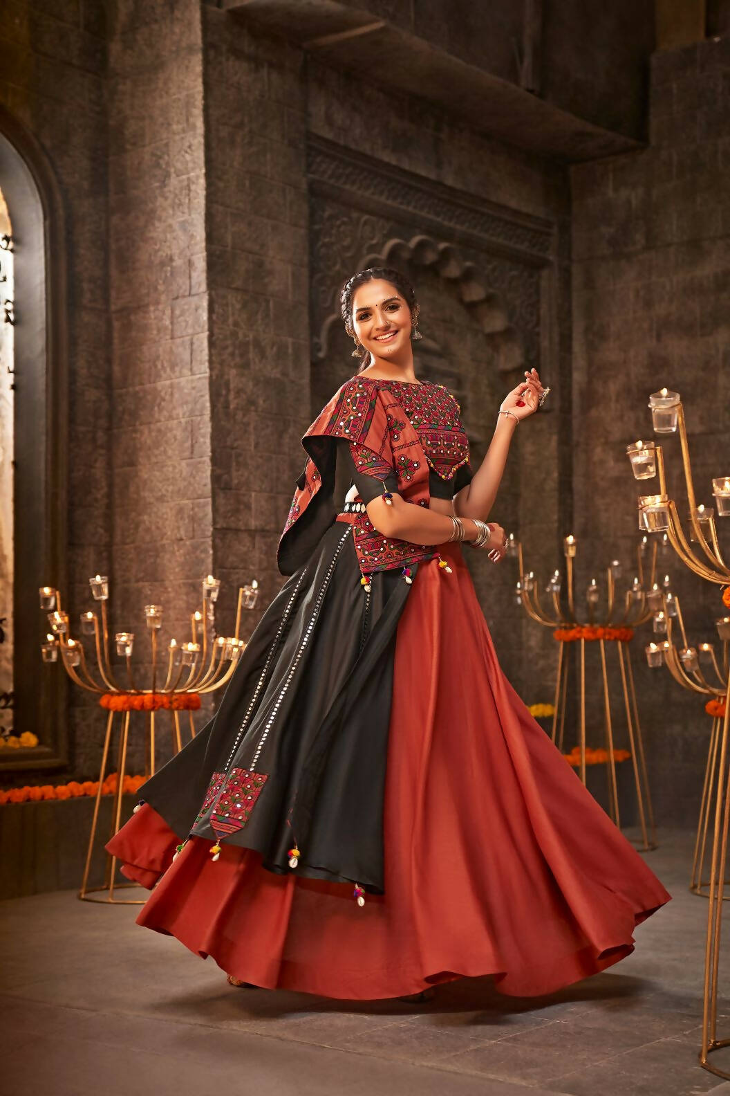 Orange Cotton Thread Embroidered Navratri Lehenga Choli with Dupatta - Raas | Grocsy