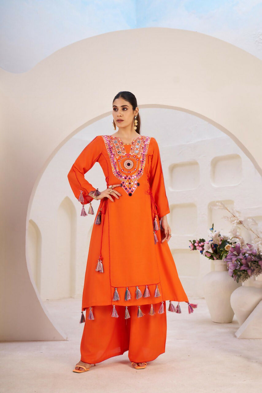 The52 Women's Gorgeous Rayon Fabric Thread Work Straight Kurta Palazzo Set | Grocsy