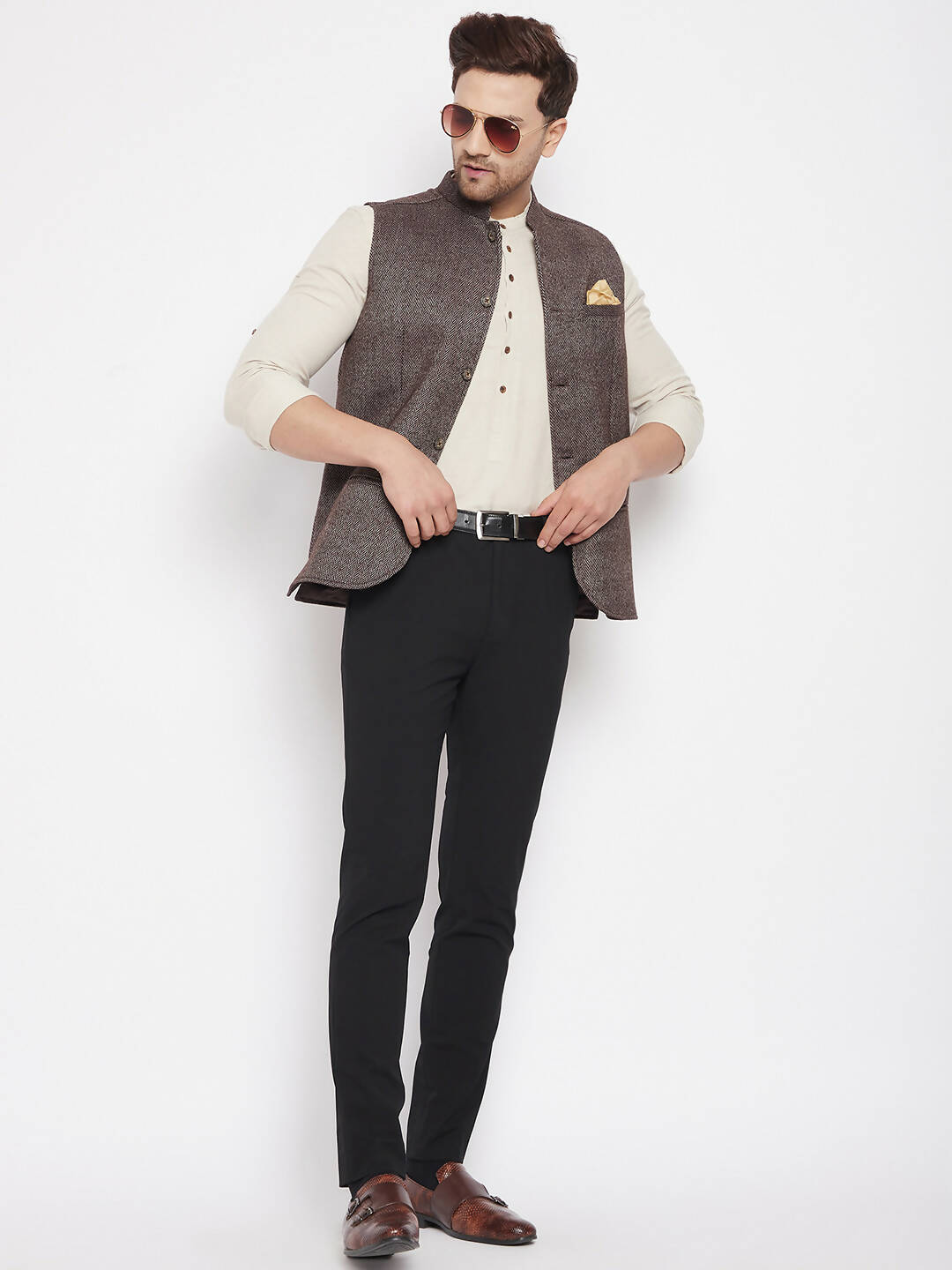 Even Apparels Brown Wool Men Woven Nehru Jacket | Grocsy