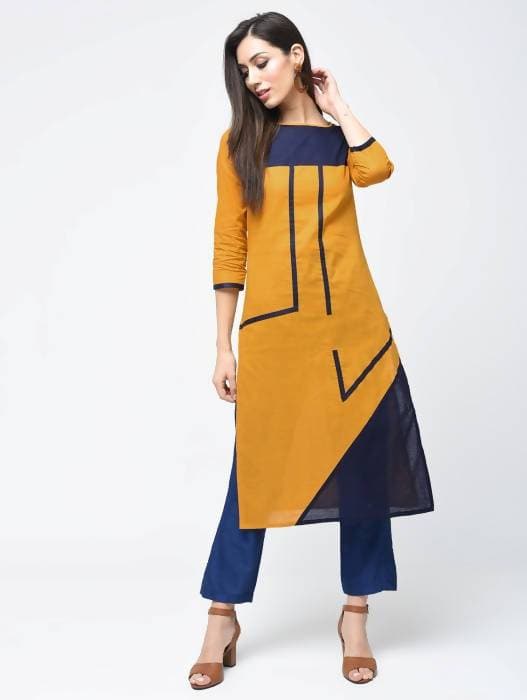 Aniyah Cotton Color Block Straight Kurta In Mustard Color (AN-102K) | Grocsy