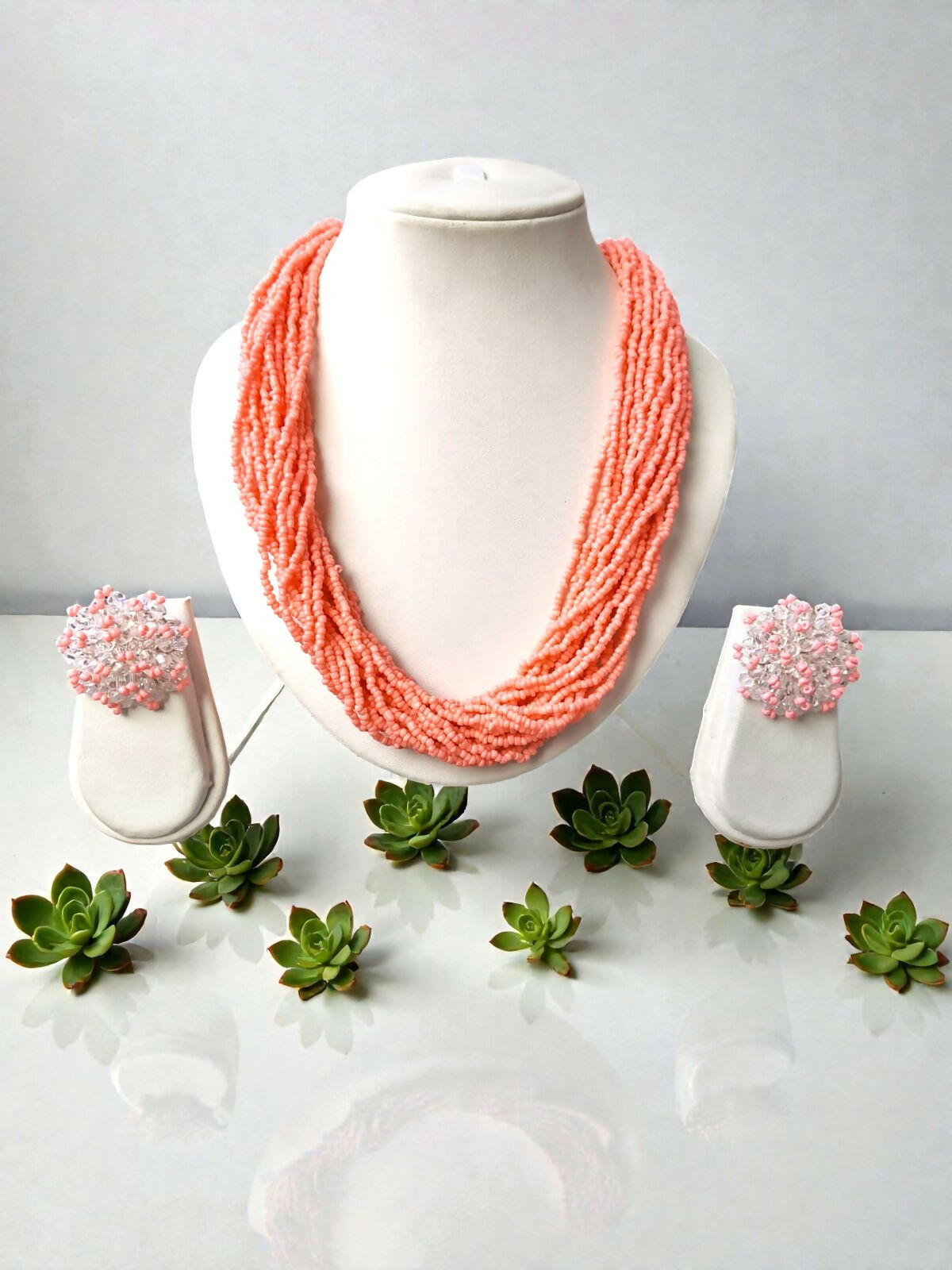 Inhanns Vibrant Handmade 20 Layers Beaded Necklace With Matching Earrings - Light Peach | Grocsy