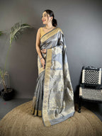 Joban Fashion Grey Paisley Soft Silk Banarasi Saree | Grocsy