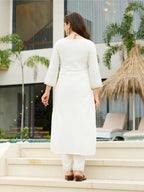 The52 White Women's Beautiful Rayon Slub Fabric Embroidered Work Straight Kurta, Pant and Dupatta Set | Grocsy