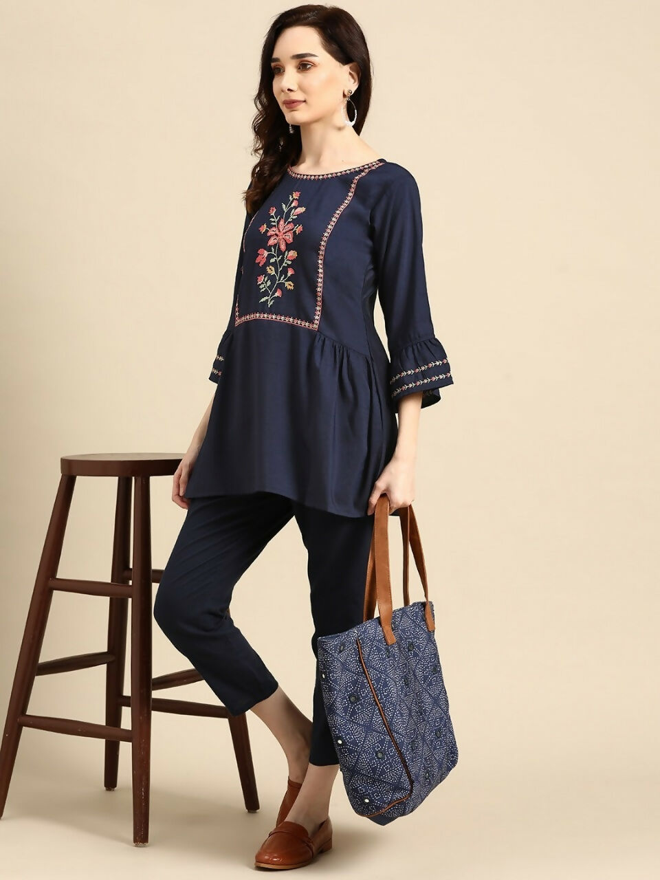 Women's Navy Blue Viscose blend Embroidered Short Top - Marina | Grocsy