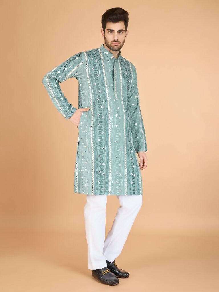 Vastranavya Pista Exclusive Festival Wear Pure Viscose Rayon Sequence & Foil Mirror Heavy Embroidered Work Kurta | Grocsy
