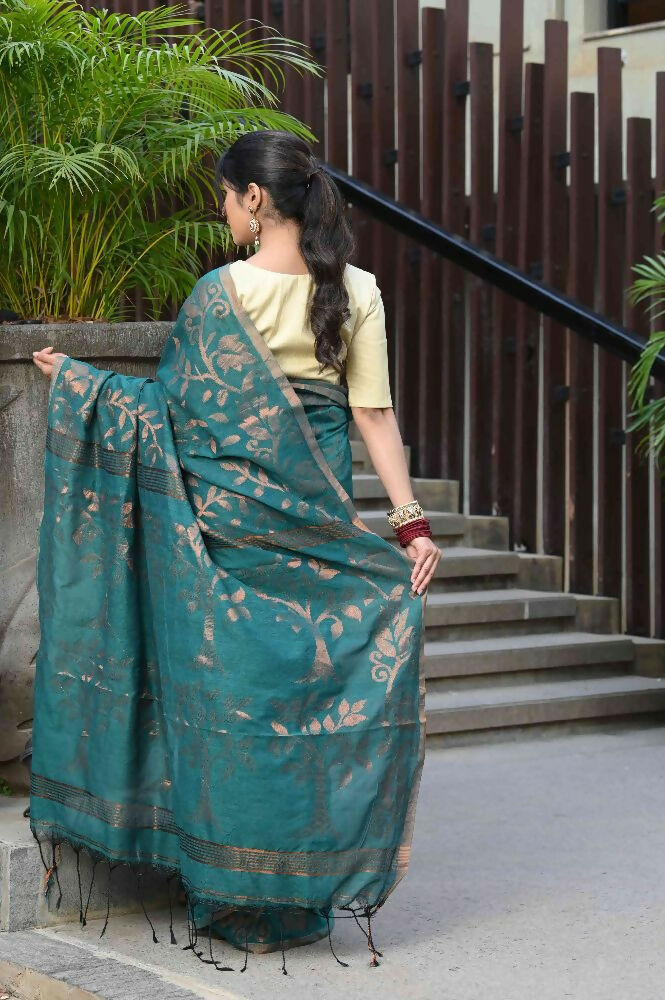Beatitude Green Cotton Floral Jamdani Saree | Grocsy