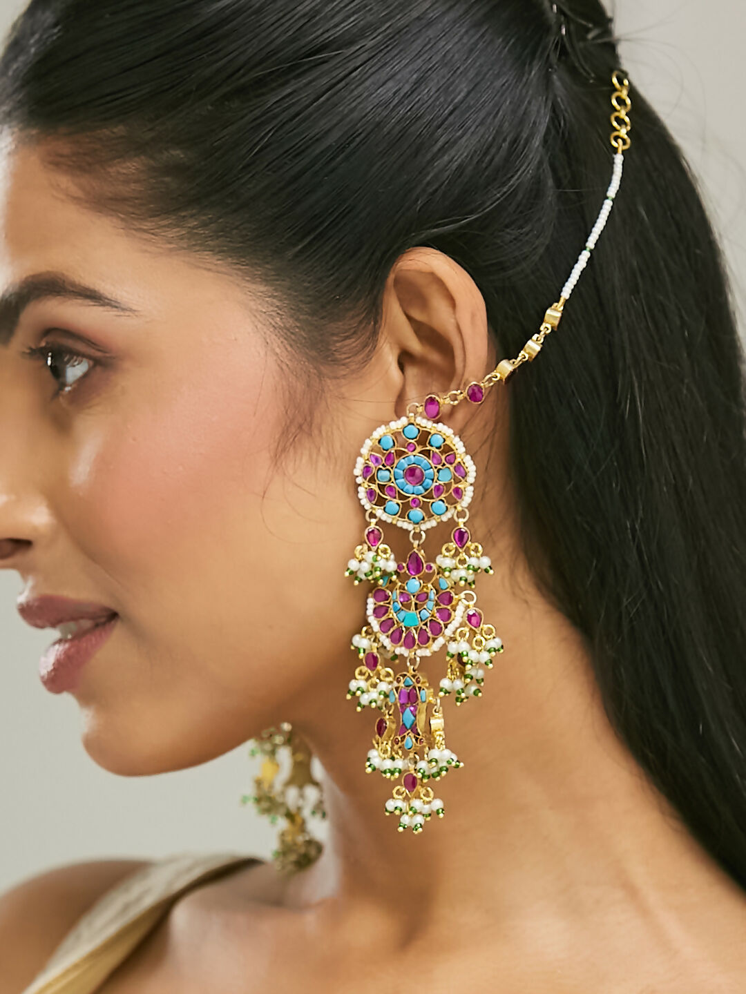 Nuyug 22K Gold-Plated Kundan Studded & Pearl Beaded Crescent Shaped Kanauti Earrings | Grocsy
