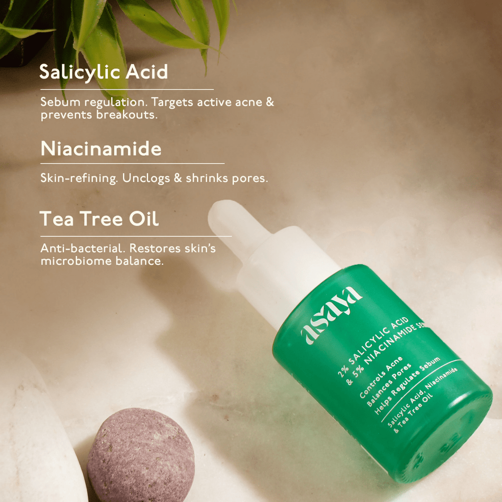 Asaya 2% Salicylic Acid Face Serum For Active Acne & Sebum Control With 5% Niacinamide & Tea Tree Oil | Grocsy