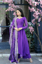 Jyoti Fashion Women's Purple Tabby Silk Designer Kurta with Trouser & Dupatta | Grocsy