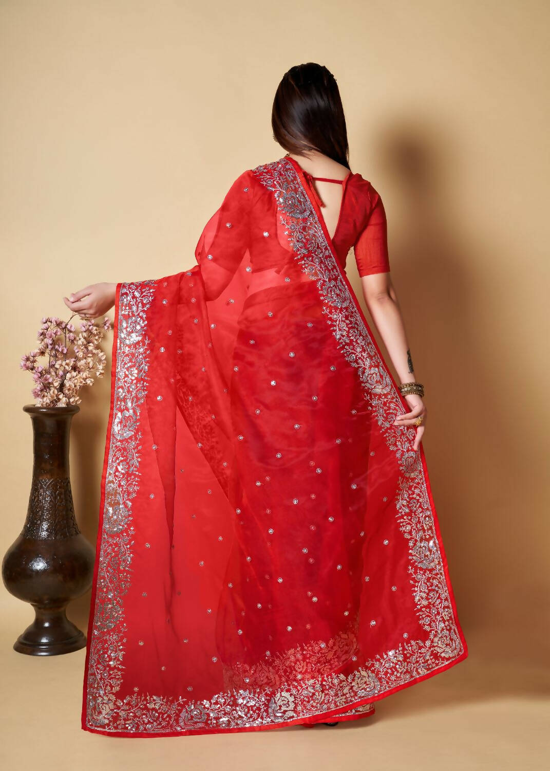 Vamsee Red Organza Saree | Grocsy