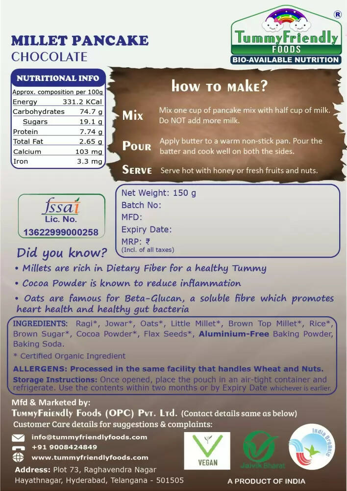TummyFriendly Foods Aluminium-Free Millet Pancake Mix - Chocolate | Grocsy