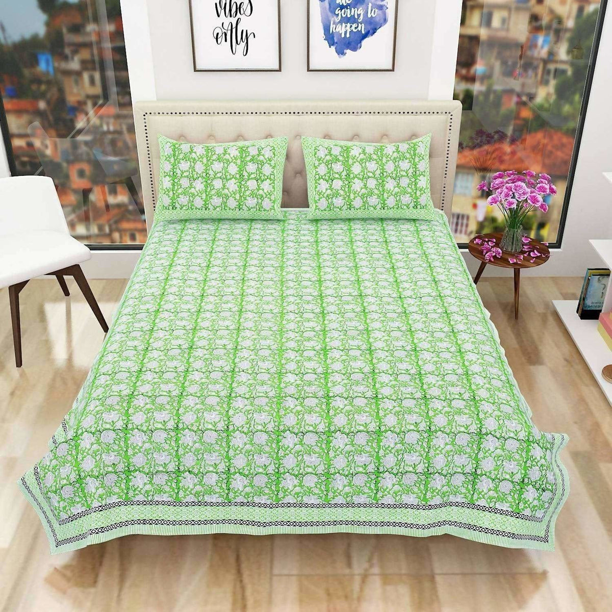 Hand Block Printed Jaipuri Double 90x108 Inches Bedsheet/Bedspread with 2 Pillow Covers | Grocsy