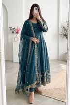 Teeya Creation New Stylish Trendy Elegant Teal Embroidered Anarkali Suit with Dupatta | Grocsy