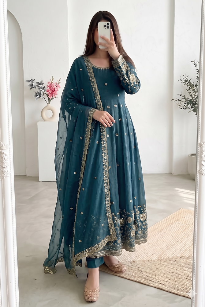 Teeya Creation New Stylish Trendy Elegant Teal Embroidered Anarkali Suit with Dupatta | Grocsy
