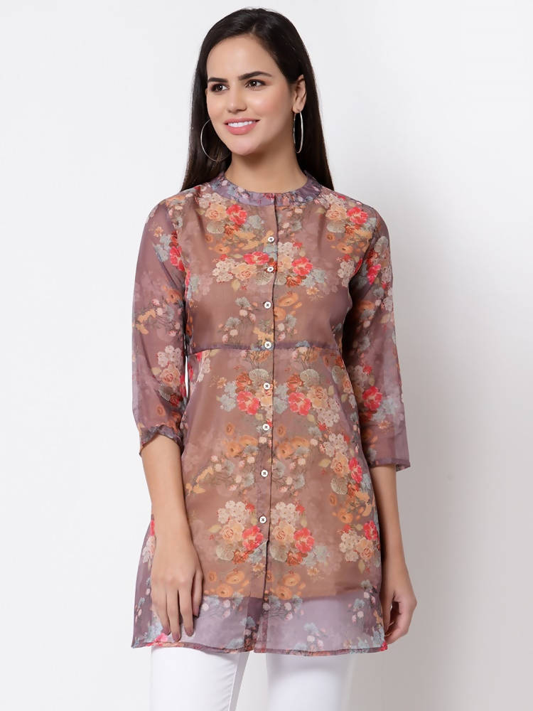 Myshka Women's Organza Printed Printed 3/4 Sleeve Round Neck Casual Multicolor Tunic | Grocsy