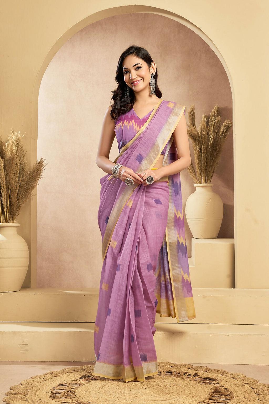 Vastranavya Onion Pink Digital Printed Linen Ready To Wear Pocket Saree with Unstitched Blouse | Grocsy