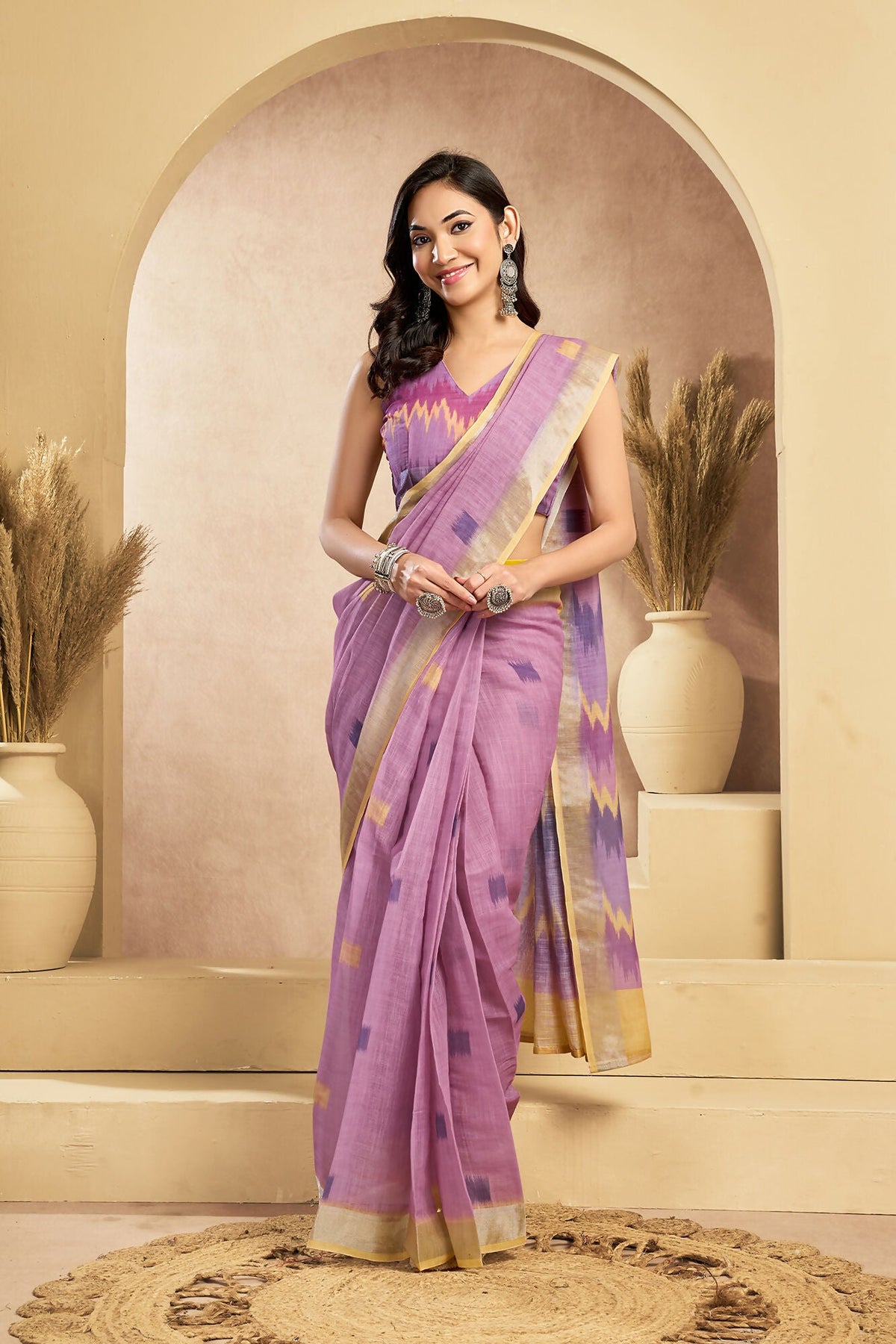 Vastranavya Onion Pink Digital Printed Linen Ready To Wear Pocket Saree with Unstitched Blouse | Grocsy
