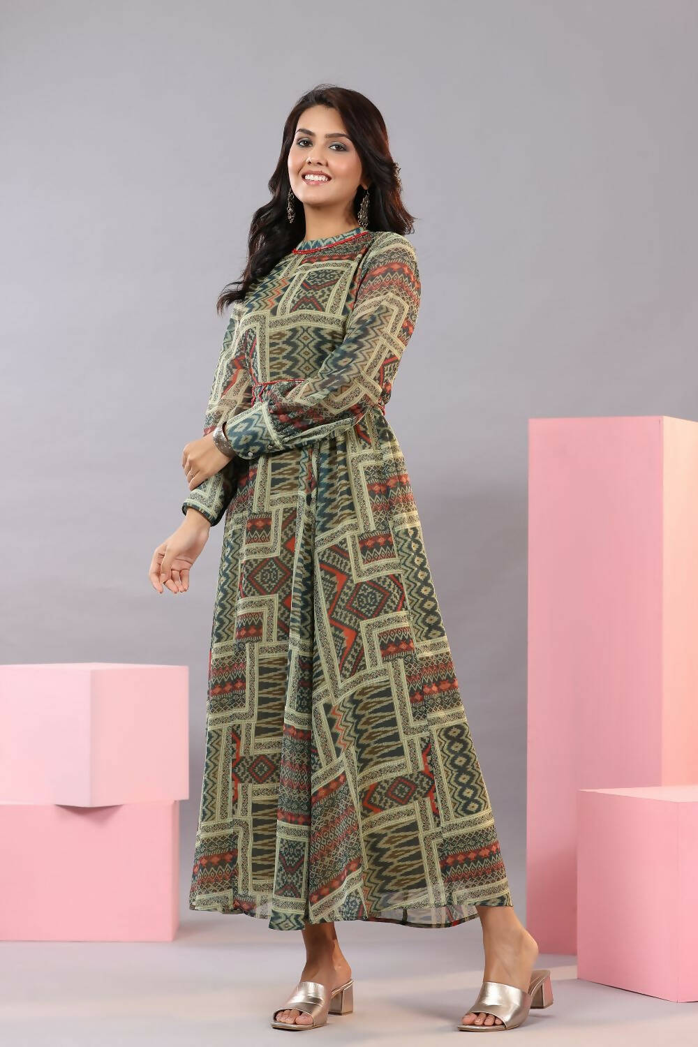Juniper Women Green Chiffon Printed Maxi Dress | Grocsy