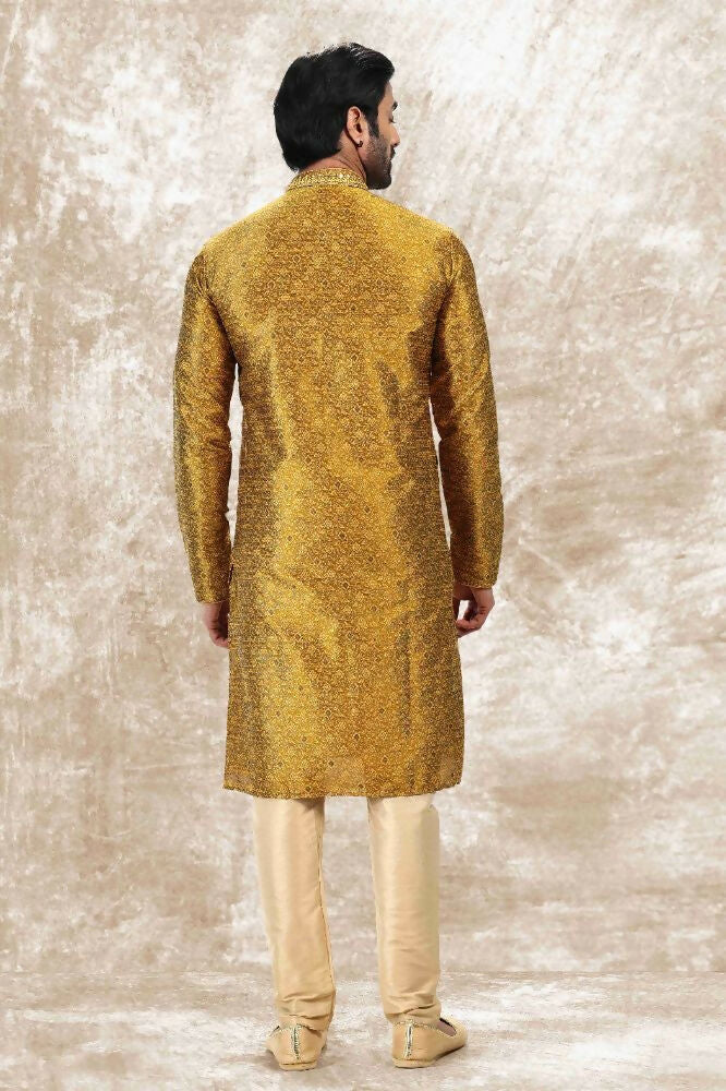 Raivat Ethnic Jacquard Silk Brocade Mirror and Thread Work Kurta Pajama In Golden Colour | Grocsy