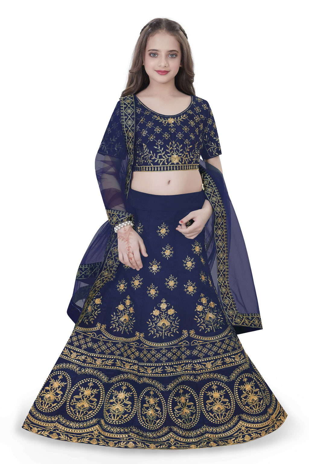 Dwiden Navy Blue Lehriyu Tafetta Sattin Semi-Stitched Girl's Lehenga Choli | Grocsy