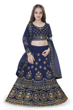 Dwiden Navy Blue Lehriyu Tafetta Sattin Semi-Stitched Girl's Lehenga Choli | Grocsy