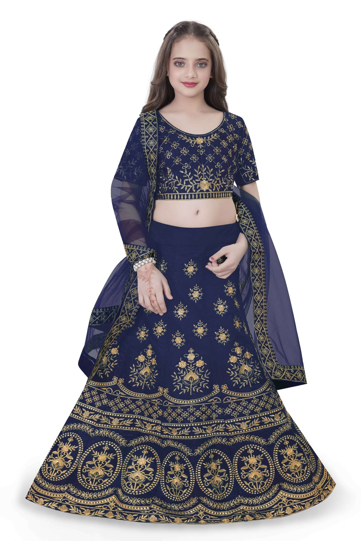 Dwiden Navy Blue Lehriyu Tafetta Sattin Semi-Stitched Girl's Lehenga Choli | Grocsy