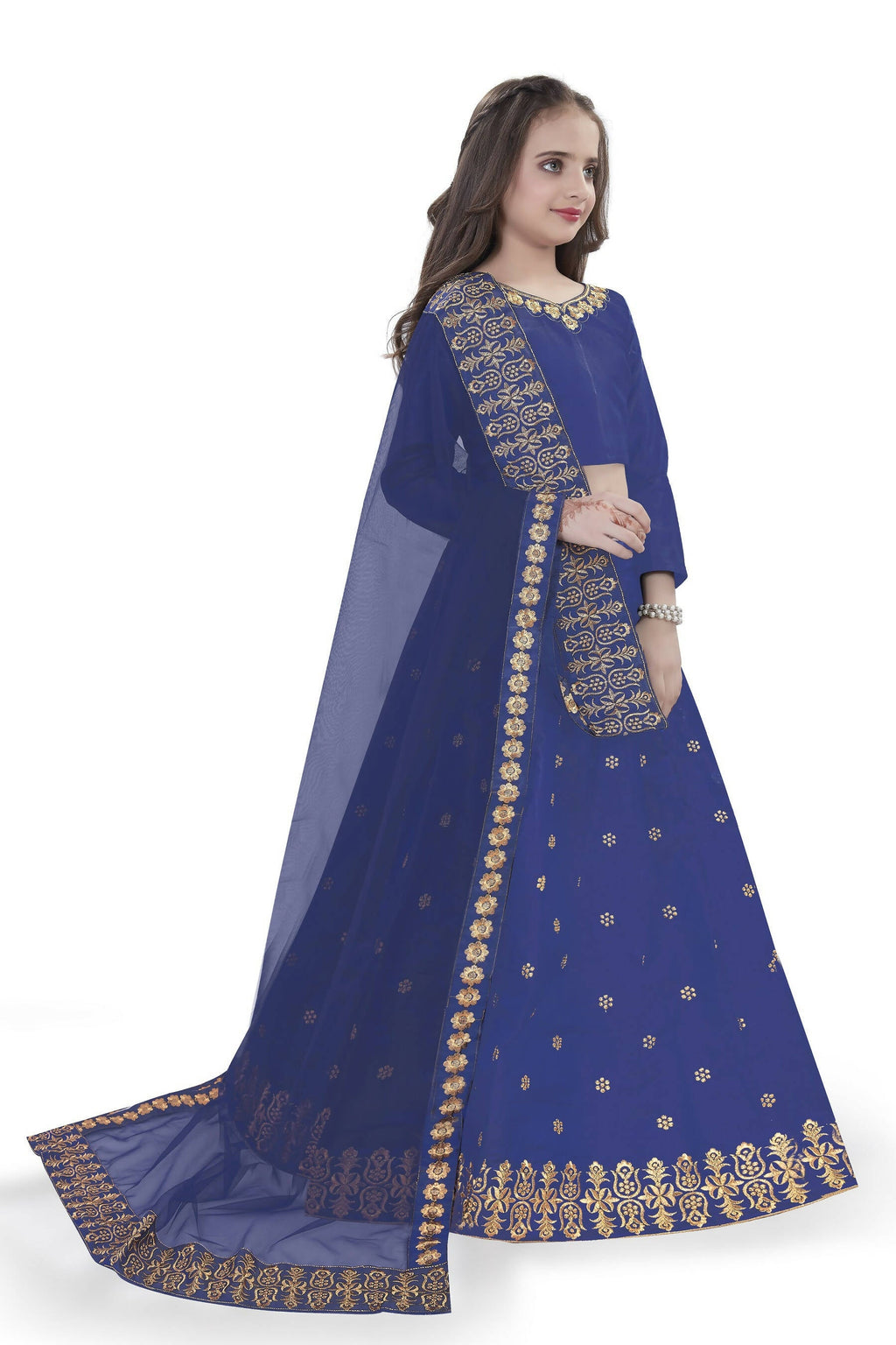 Dwiden Royal Blue Queen Tafetta Sattin Semi-Stitched Girl's Lehenga Choli | Grocsy