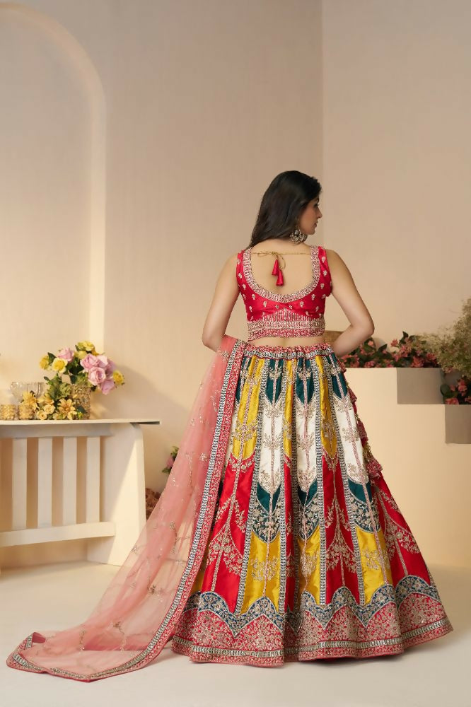 Kesar Fab Dark-Multicolor Silk Embroidered Lehenga | Grocsy