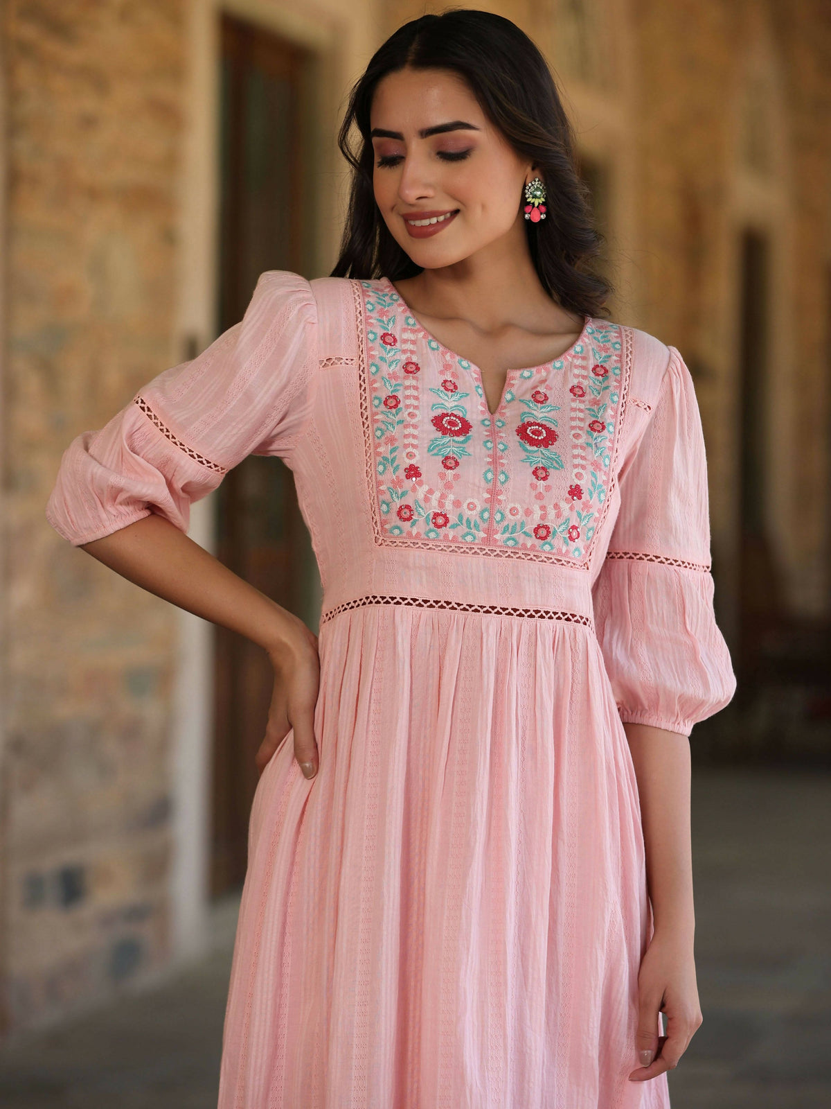 Juniper Women's Pink Cotton Dobby Embroidered Flared Dress | Grocsy