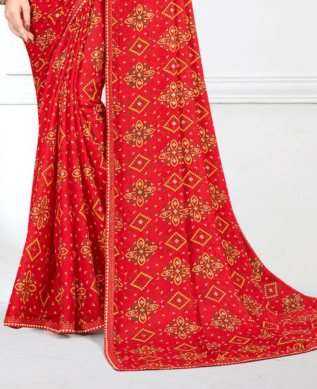 Red Georgette Bandhani Printed Saree With Unstitched Blouse Piece - Jyoti | Grocsy
