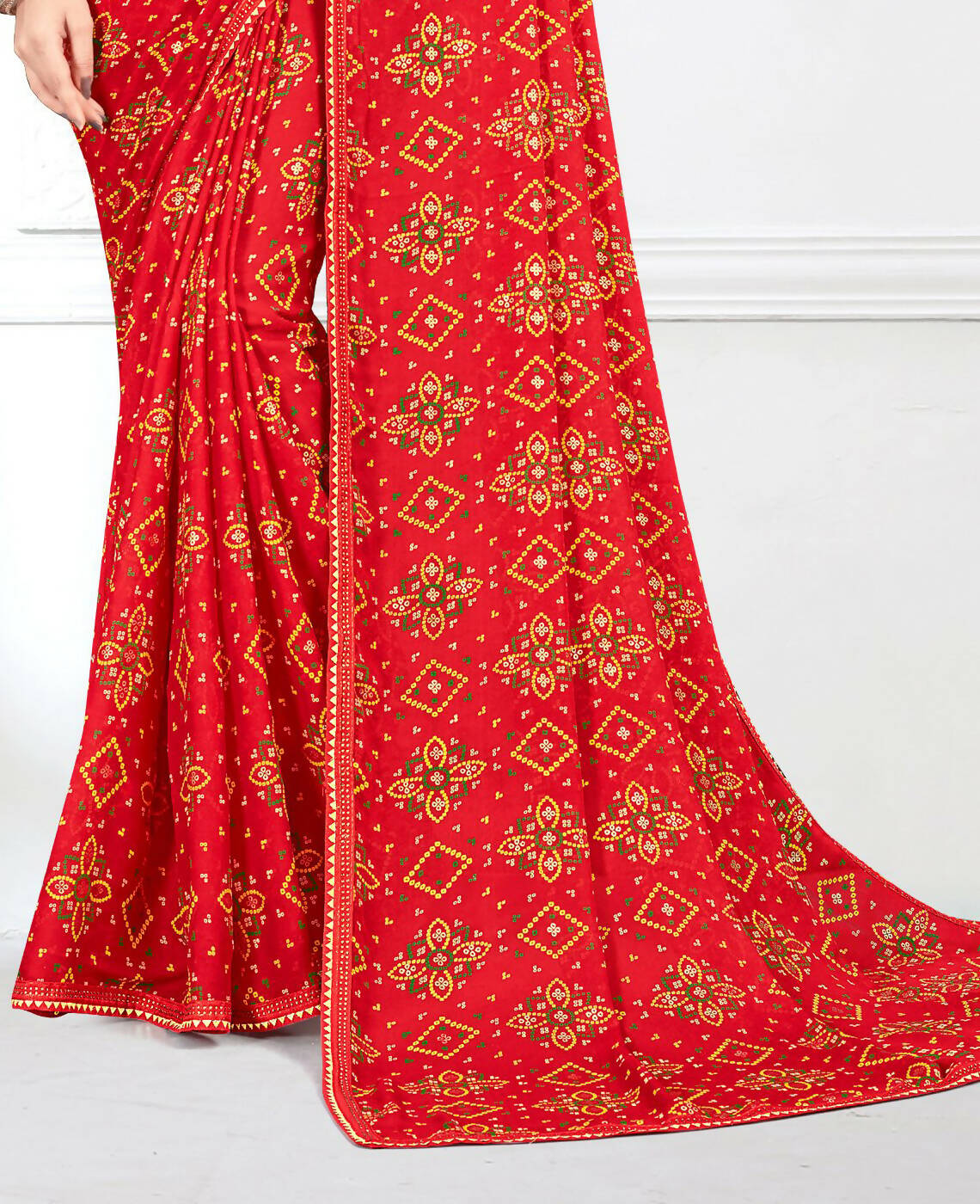 Red Georgette Bandhani Printed Saree With Unstitched Blouse Piece - Jyoti | Grocsy