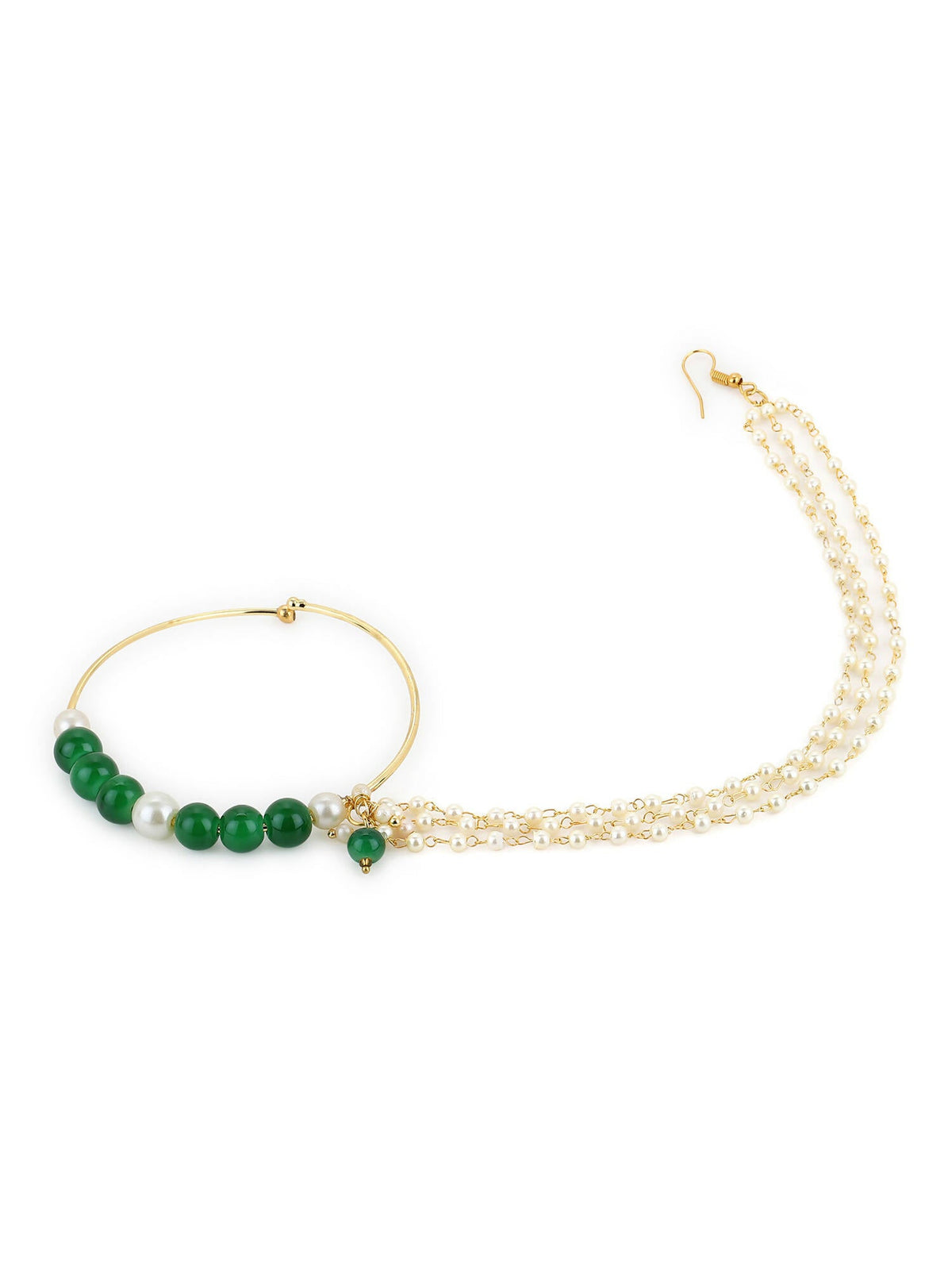 Gold-Polished White Green Stone-Studded Pearl Beaded Nosepin - Ruby Raang | Grocsy